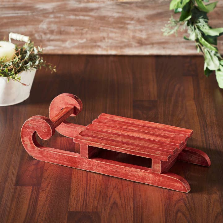 VHC Brands - Wholesale Decorative Tabletop Object - Red Sled Wooden Figurine 16x6x2.75