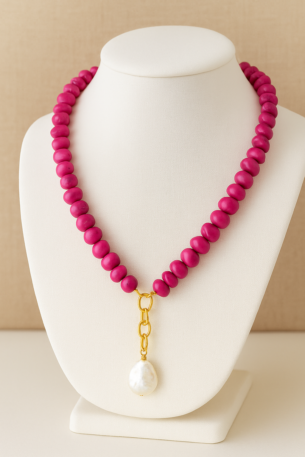 The Bling Barn - Wholesale Beaded/Pearl Necklace - Cienta Chipped Stone Necklace with Pearl FUCHSIA2