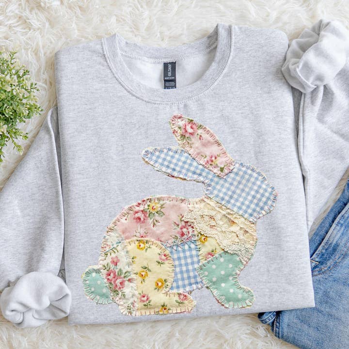 Faux Patchwork Bunny Sweatshirt – Vintage Floral Easter for wholesale by Southern Rheas