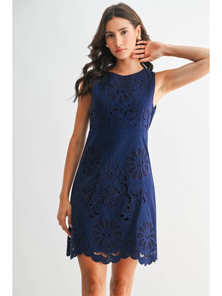 NAVY BLUE EYELET FLORAL LACE DRESS for wholesale by Camellia