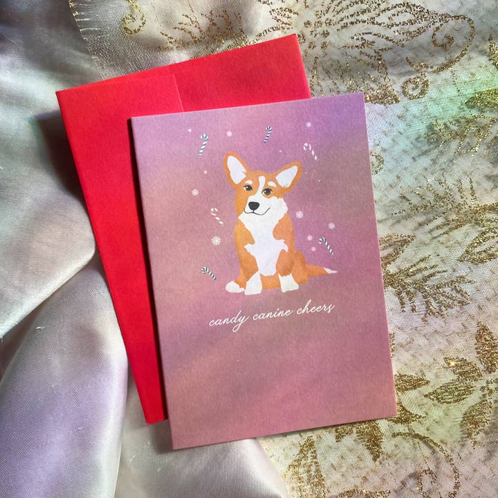 Cheeky Peach Designs - Wholesale Season's Greetings Card - Candy Canine Dog | Corgi | Mini Greeting Card