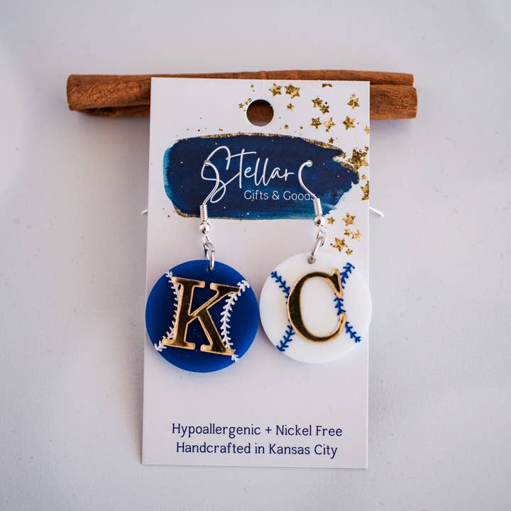 KC Baseball - Petite KC Baseball Dangles Blue & White for wholesale by Stellar Gifts & Goods Wholesale