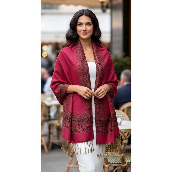 SERENITA - Wholesale Scarf - Women's - Pashmina Scarf Paisley Border Reversible Wrap Wedding Shawl2