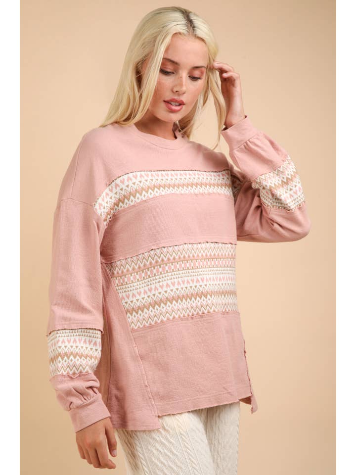 VERY J - Wholesale Knit Top - Women's - NT11784-Oversized Printed Knit Contrast Knit Top
