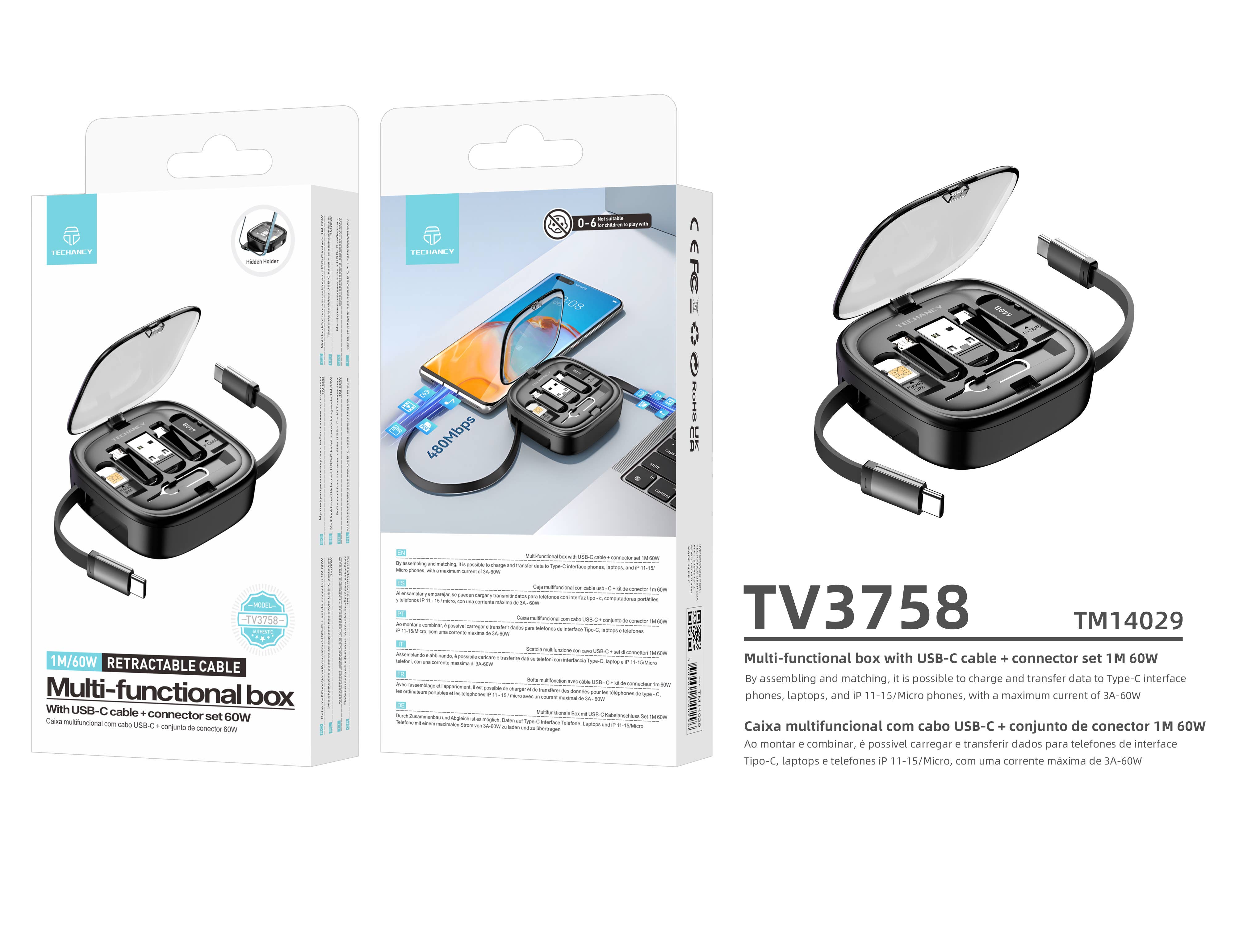 TECHANCY - Wholesale Charging Cable - Multi-Functional Box with USB-C Cable + Connector Set 1M 60W6