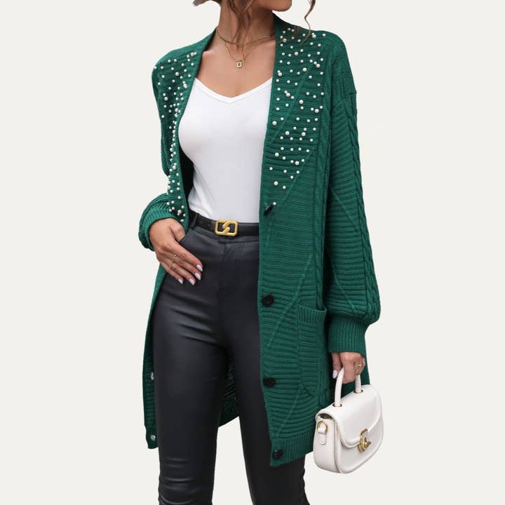 Verde cazador suéter de punto trenzado con detalles de perlas verdes navideñas de venta al por mayor en Faire10