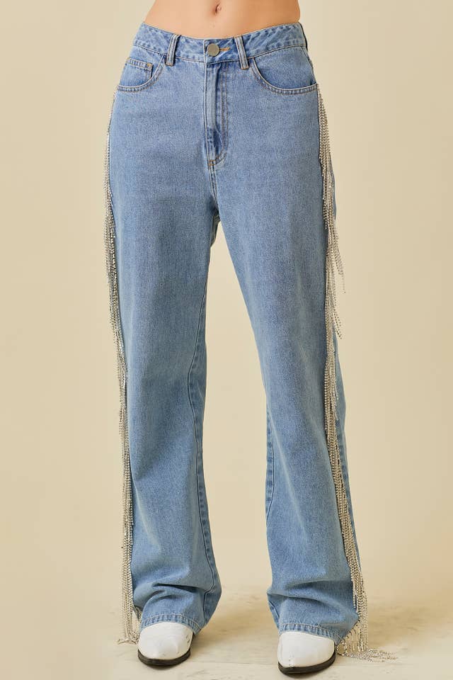 Side And Back Rhinestone Fringe Trim Denim Pants for wholesale on Faire