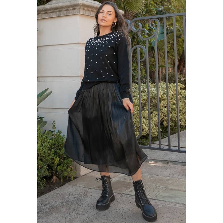 SHIMMER WOVEN PLEATED MIDI SKIRT_78S2039 for wholesale by Verte