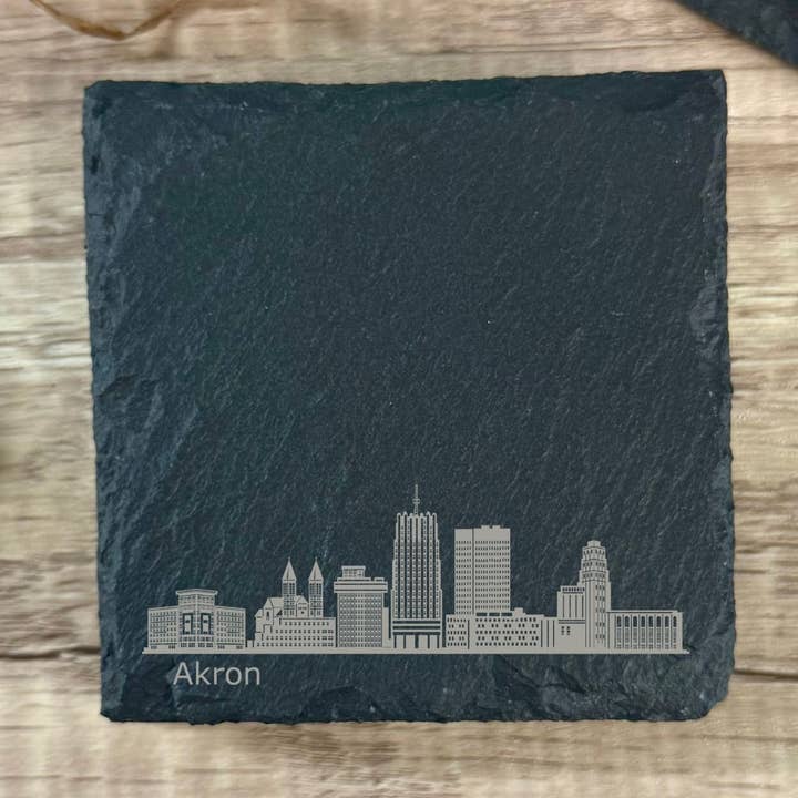 Akron Skyline Slate Coasters Square Round Ohio City Gift for wholesale by Mermaid of Hilton Head