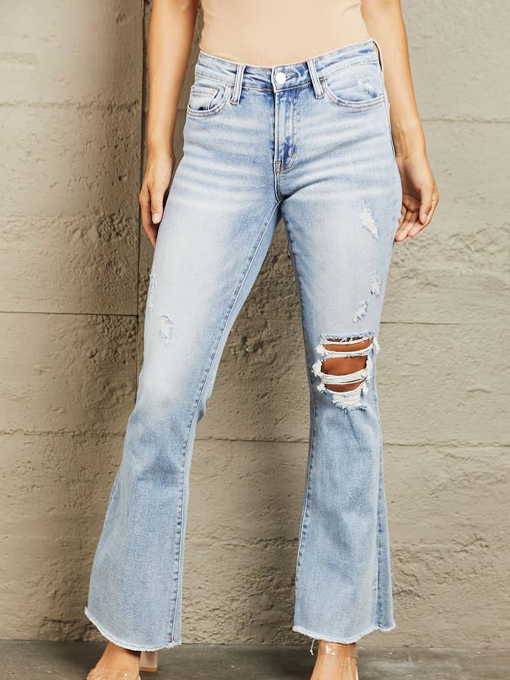 Light BAYEAS Mid Rise Distressed Flare Jeans for wholesale on Faire