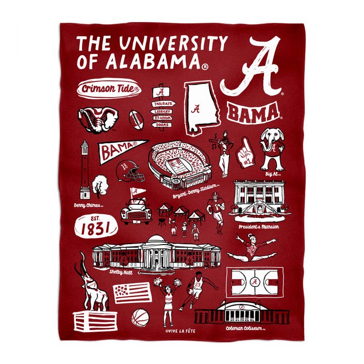 Vive La Fete - Wholesale Throw Blanket - Alabama Crimson Tide Hand Sketched Minky Blanket1