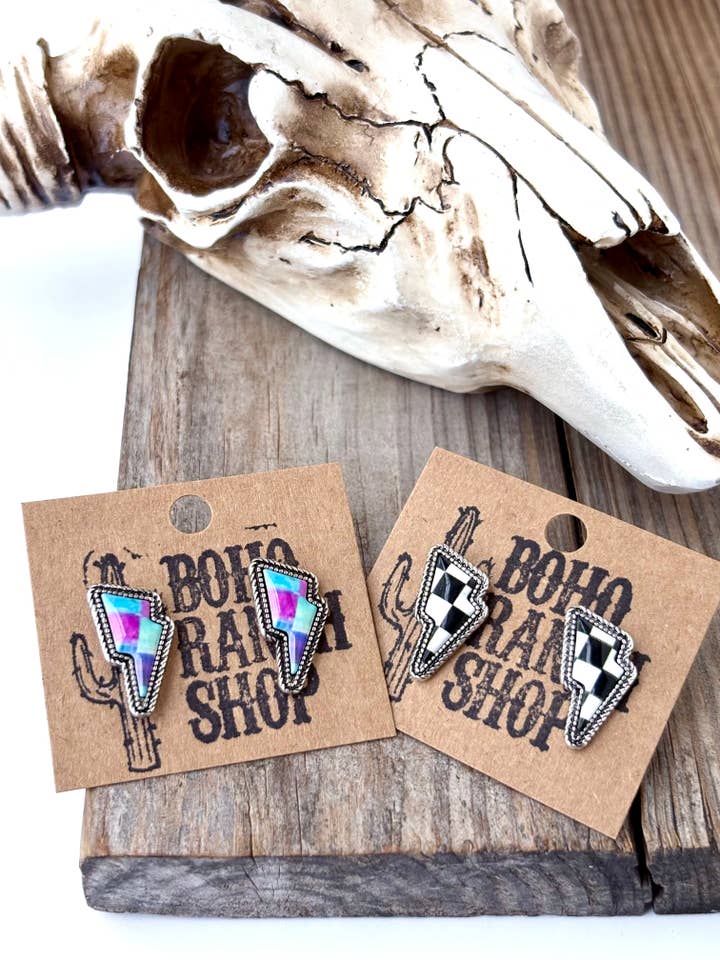 Western Checker Checkered Lightning Stud Earrings for wholesale by Boho Ranch Shop