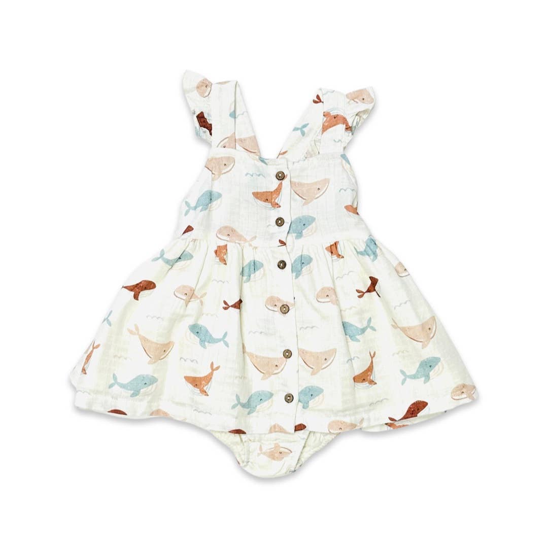Natural Whales Ruffle & Button Baby Dress+Bloomer (Organic Muslin) for wholesale on Faire5