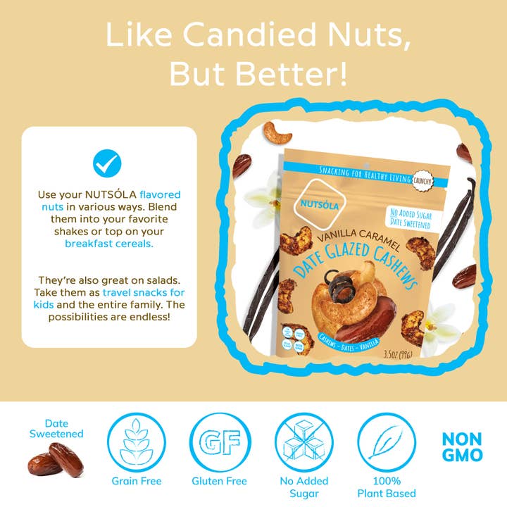 NUTSÓLA - Wholesale Nuts - Vanilla Caramel Date Glazed Cashews1