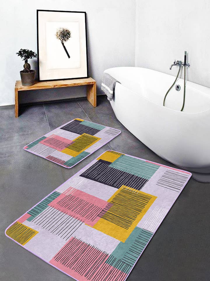 Geometric Pastel Striped Pattern 2 Pieces Bath Mat Set for wholesale by Realhomes