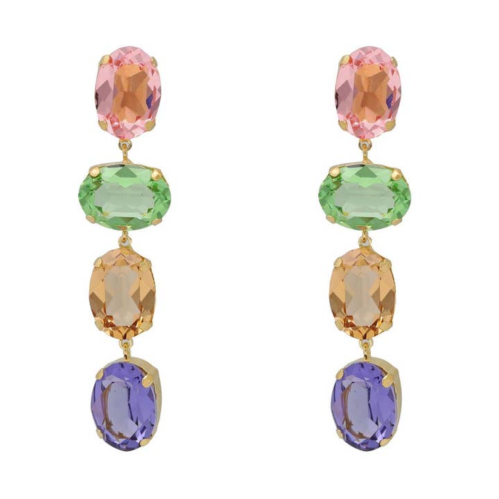 Boucles d'oreilles longues God Morgen avec grand cristal multicolore en argent plaqué or pour la vente par Victoria Cruz