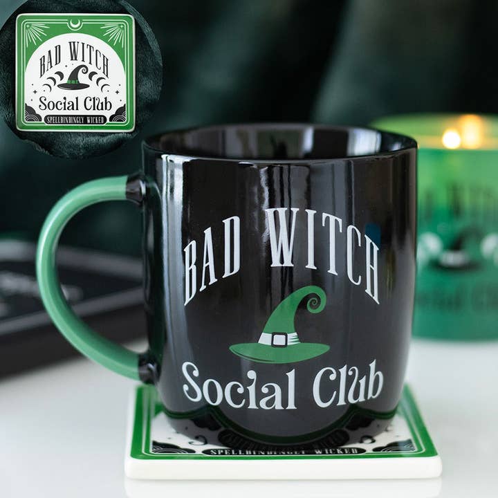 Green Bad Witch Social Club Ceramic Mug and Coaster Set for wholesale by WONDER IMPORTS AUSTRALIA