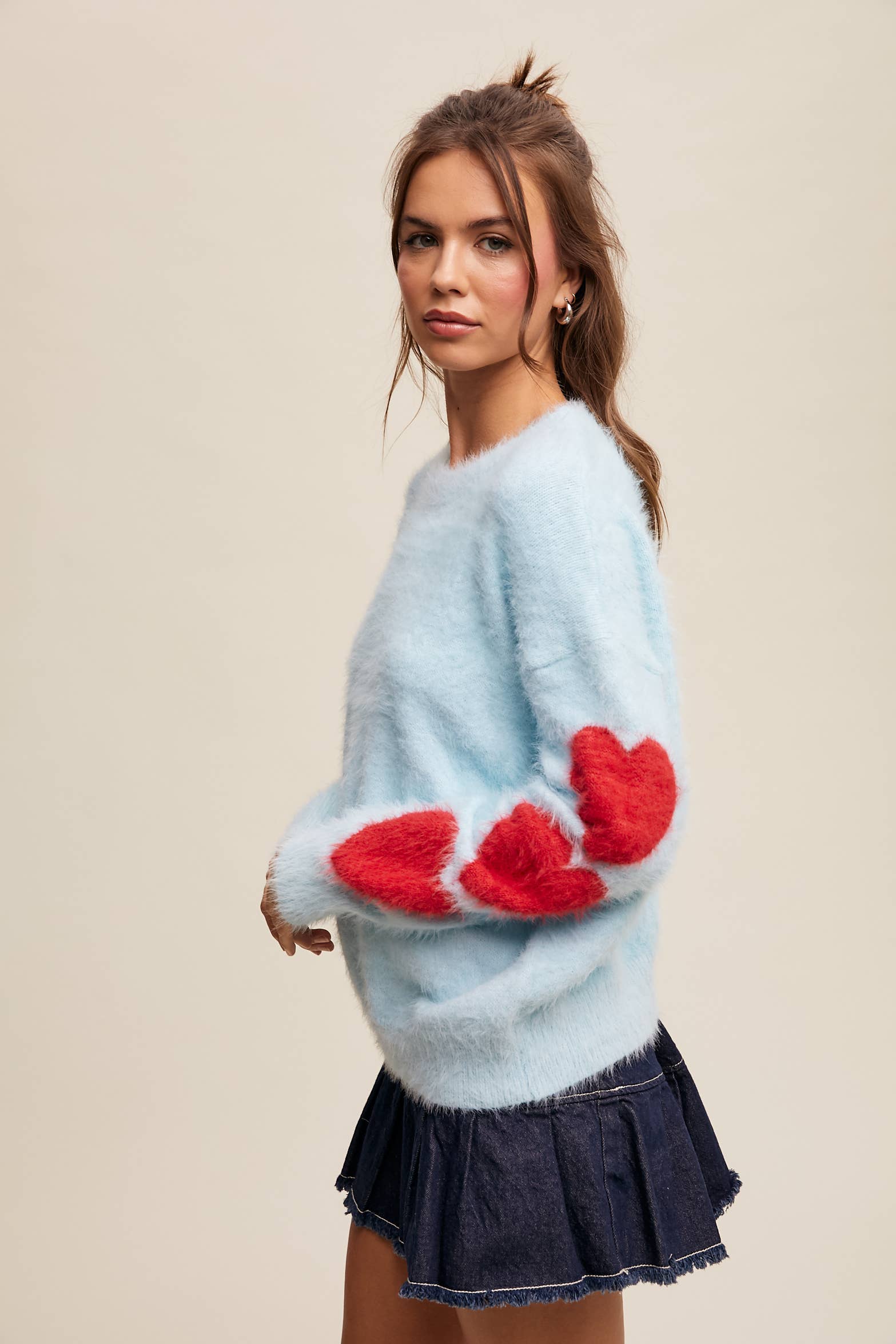 Listicle - Wholesale Knit Sweater - Women's - Fuzzy Heart-Sleeve Pullover Sweater LSW087217
