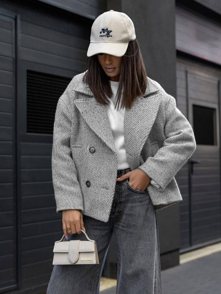 Stella Striped Oversized Collar Coat-Grey for wholesale by Catwalk Wholesale