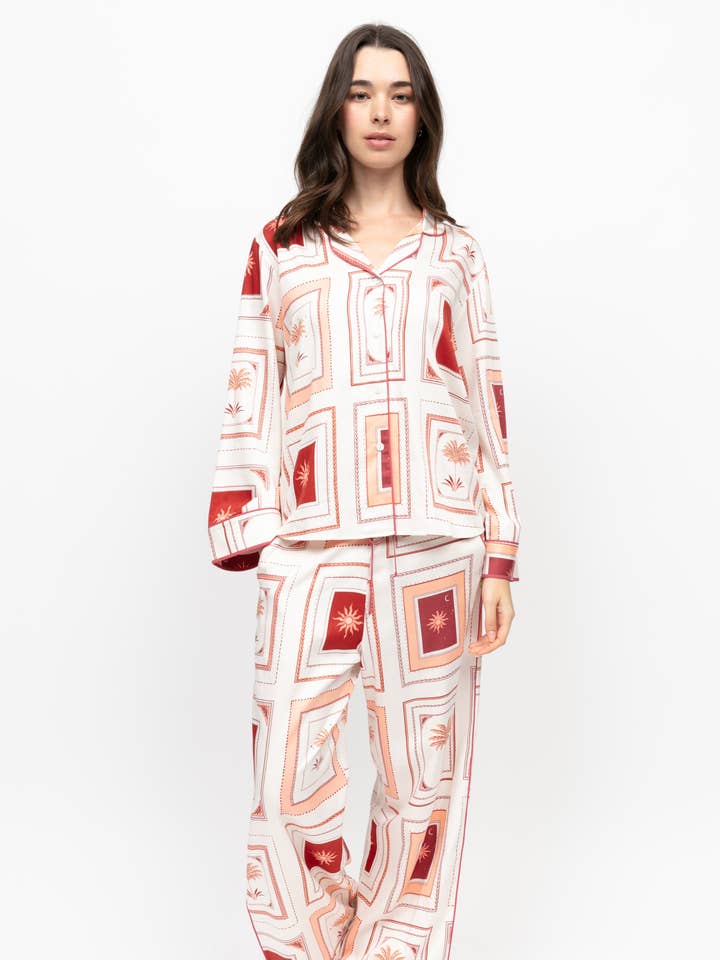 Ensemble de pyjama à manches longues et jambes larges avec imprimé carte postale Rosebery pour la vente par Cyberjammies