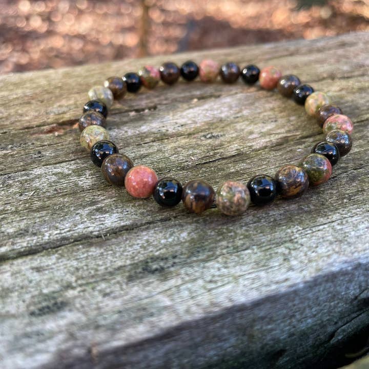 Elastic lithotherapy bracelet in Bronzite, Unakite and Onyx for wholesale by Boutique Bohème