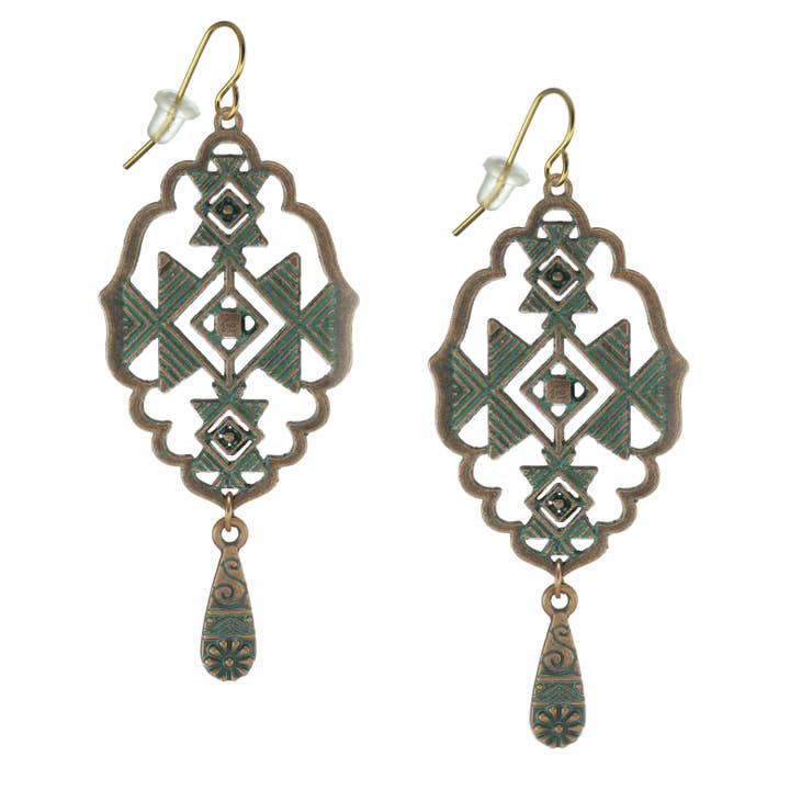 Beautiful Handmade Copper Patina Abstract Filigree Teardrop Boho Statement Earrings, 18K Gold Ear Wires, Gift for Her for wholesale by Jewelry by Dawn