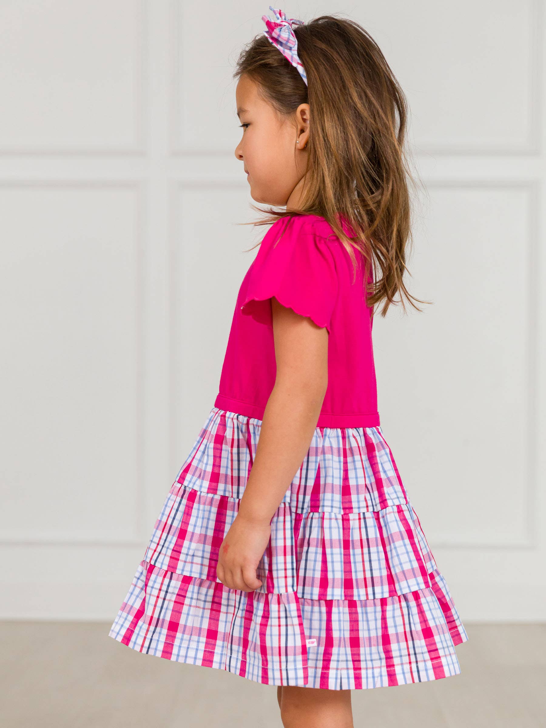 Pink Girls Adley Plaid Short Sleeve Tiered Dress for wholesale on Faire2