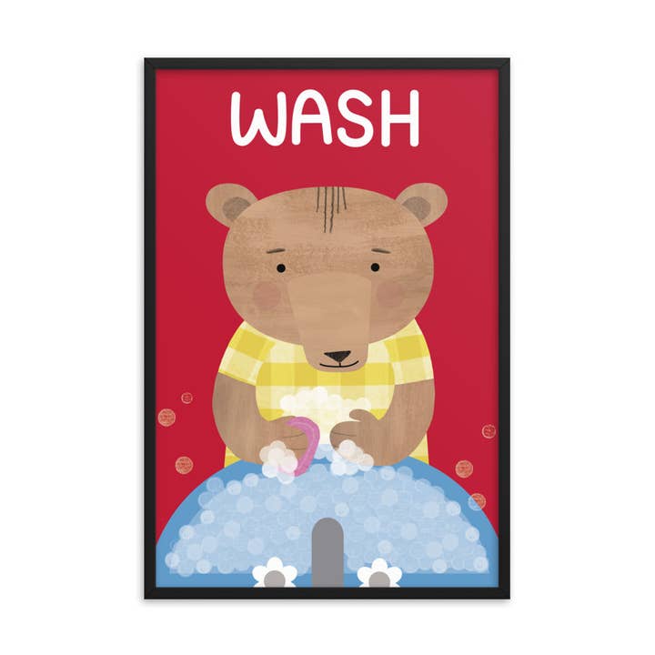 Washing Bear Framed Art Print - English for wholesale by gabo and mateo designs