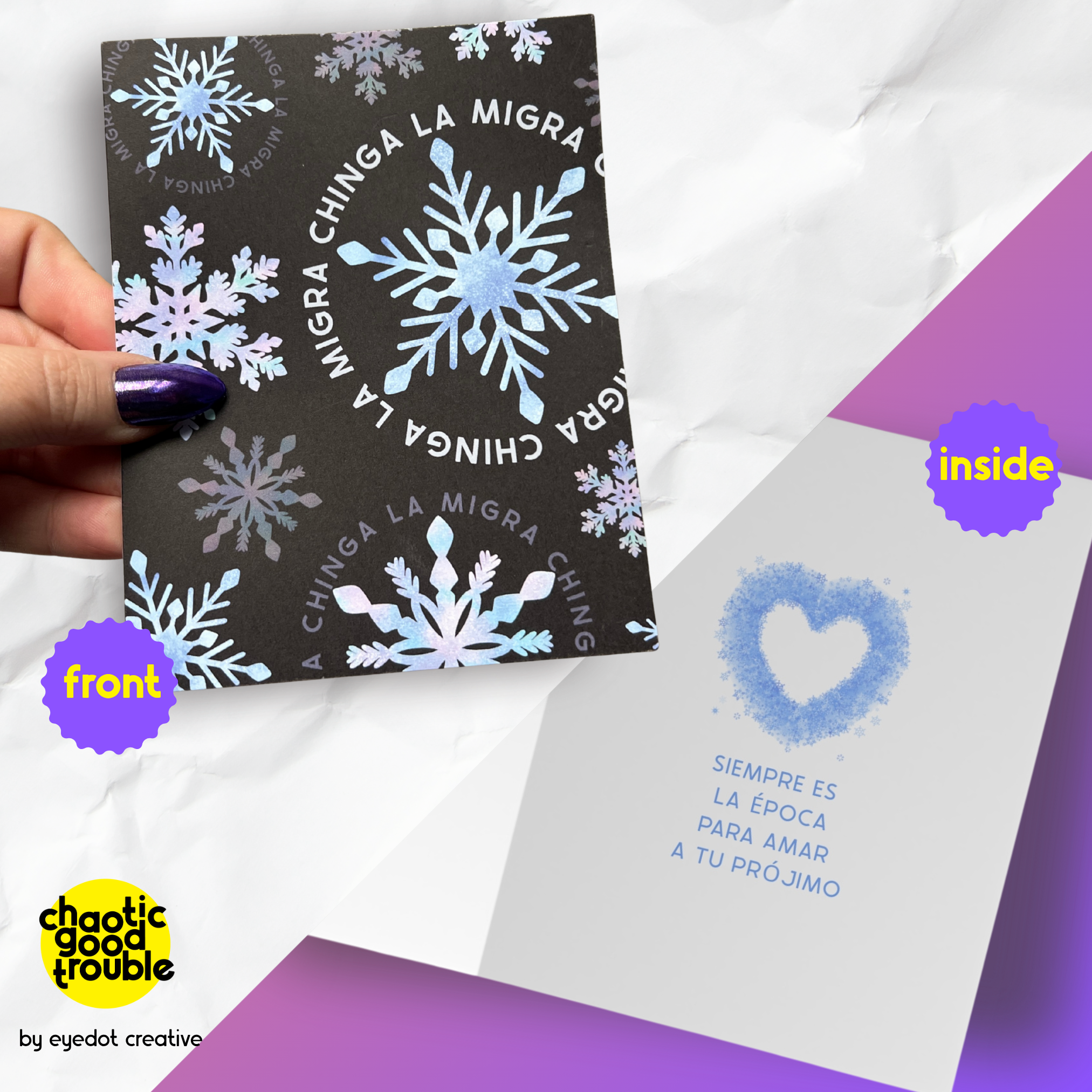 Chaos Engine (formerly Eyedot Creative) - Wholesale Christmas Card - Chinga La Migra subversive holiday card - anti-ICE snowflake1