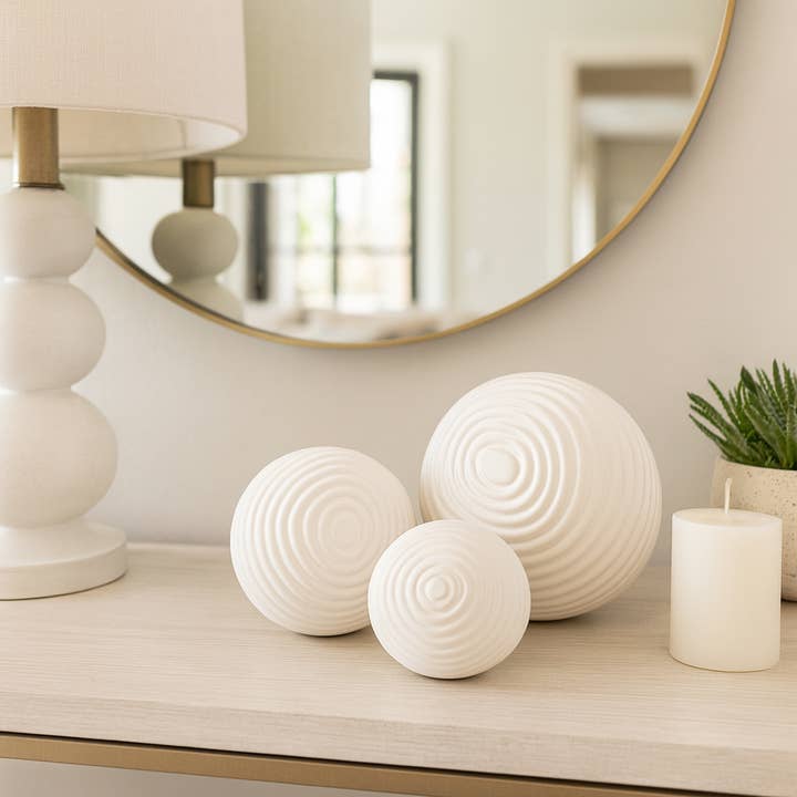 White 4/5/6 in. Ceramic Round Ribbed Orbs (Set of 3) for wholesale by Sagebrook Home