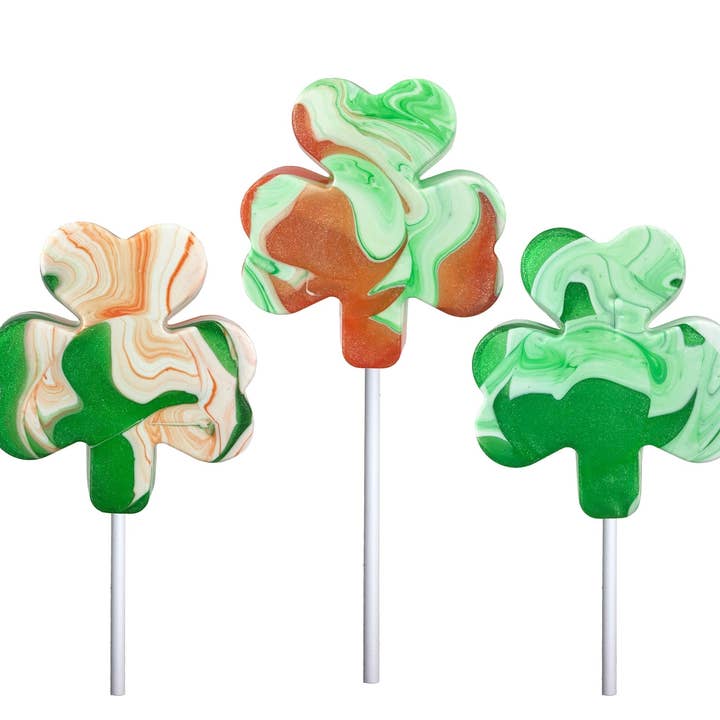Glitter Swirl Shamrock Lollipops - Assorted for wholesale by Melville Candy Company
