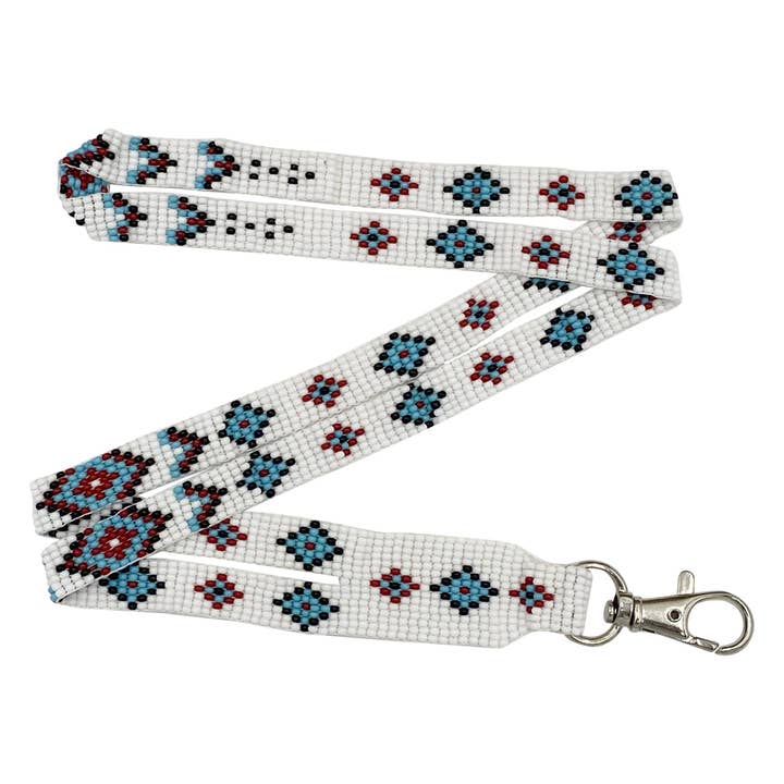 BEADS CORNER - Wholesale Lanyard - Women's - White Blue Red Beaded Id Holder Lanyard Beadwork