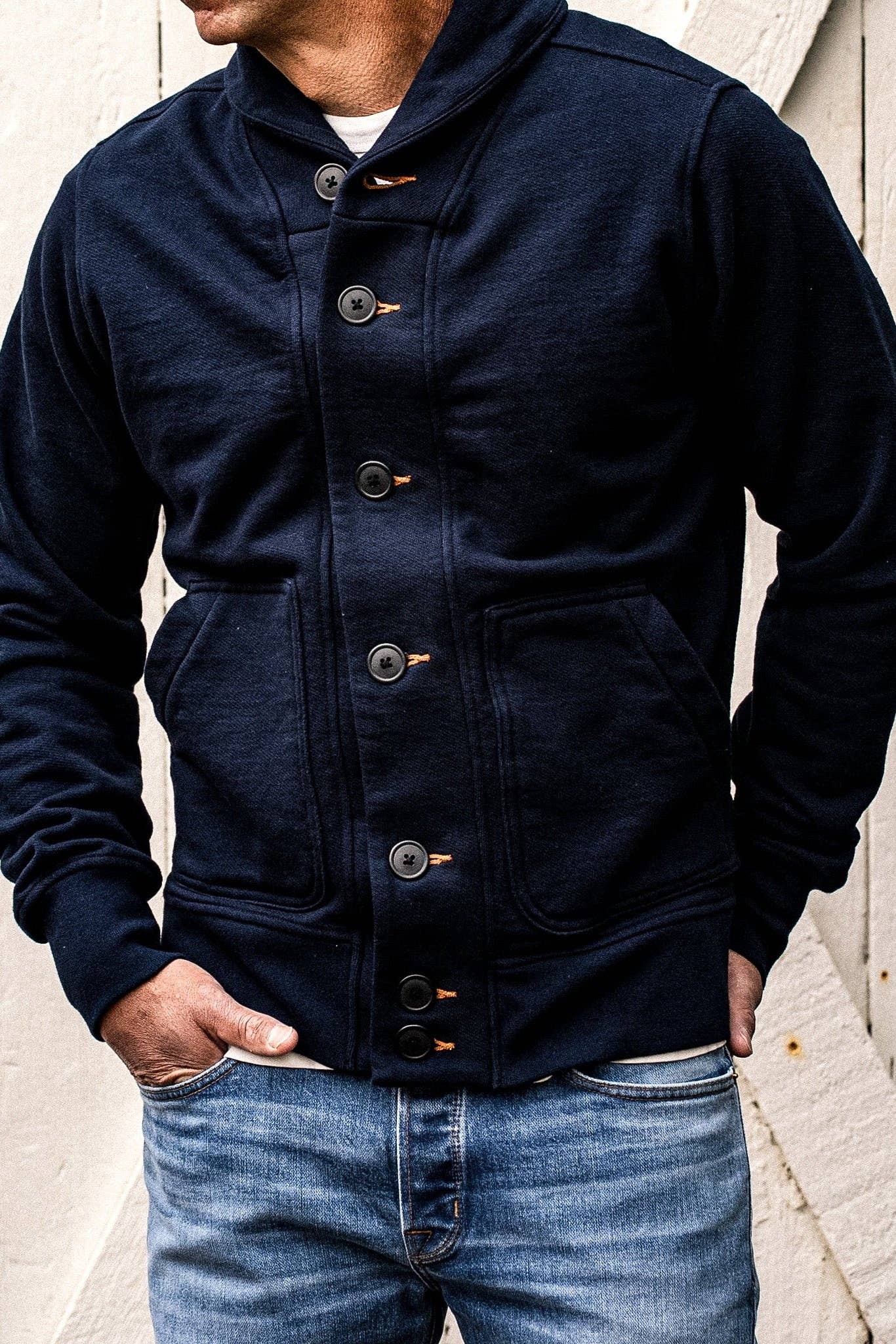 Men's Bodega Shawl Cardigan | 14oz 100% Cotton French Terry - Navy for wholesale on Faire11