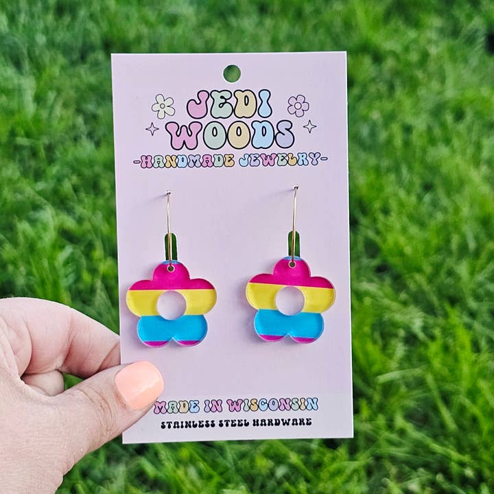 Pansexual Pride Flag Flower Earrings for wholesale by Jedi Woods LLC