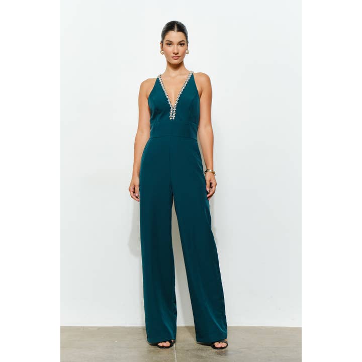 INA – wholesale Jumpsuit - Dam – Kristallprydd djup V-ringad jumpsuit med korsad rygg2
