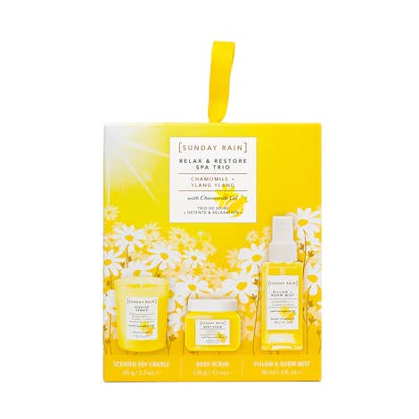 Trio Sunday Rain Relax & Restore à la camomille et à l'ylang ylang pour la vente par Beauty Goddess