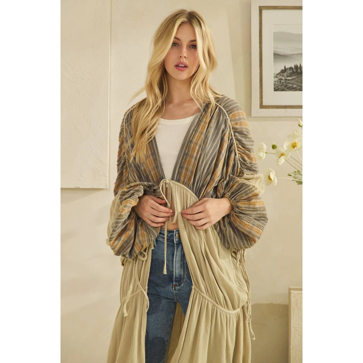Oli&Hali - Wholesale Cardigan - Women's - WASHED FRONT TIE DRAWSTRING CLOSURE DUSTER3