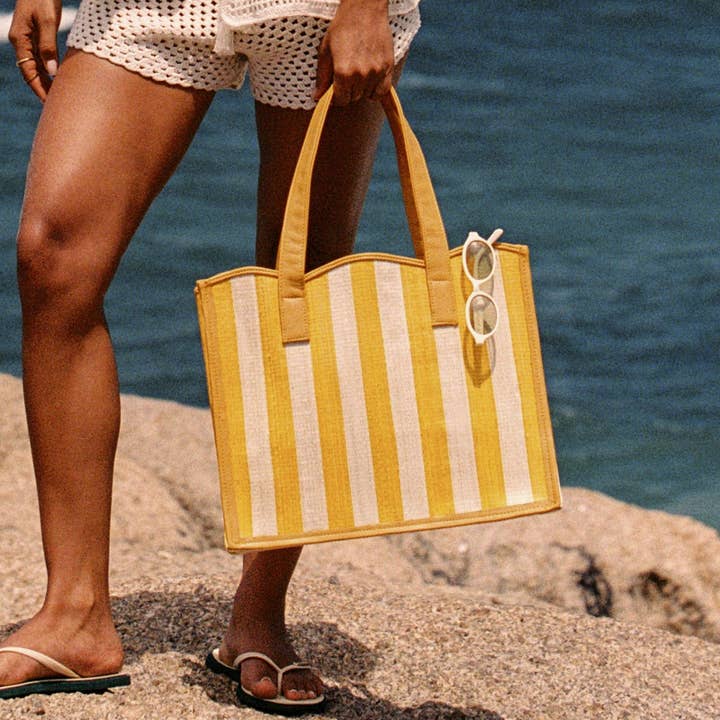 Large Yellow & Cream Striped Shopping Tote | Scalloped Edge for wholesale by Soli & Sun