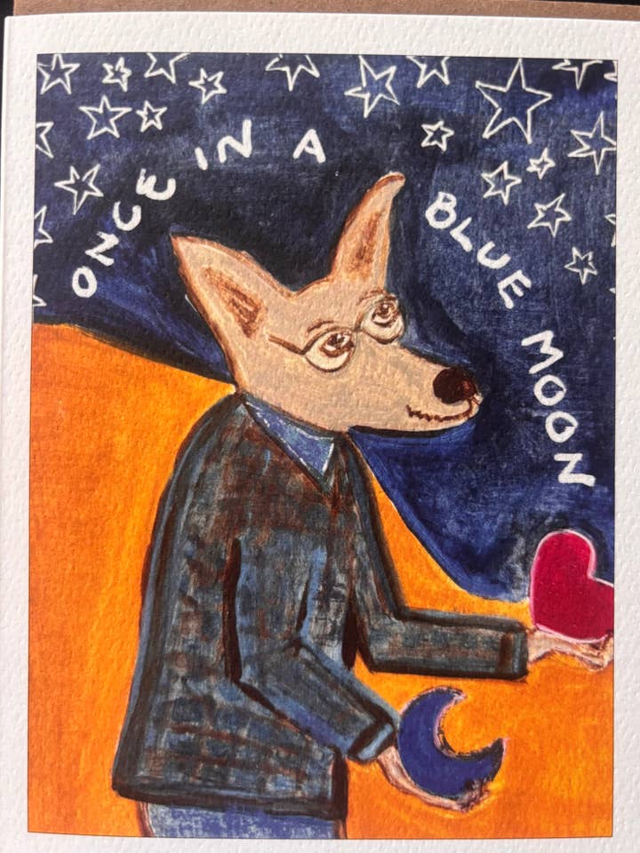 Once in a Blue Moon shepherd holds heart and moon dog card for wholesale by Bernie Street Studios