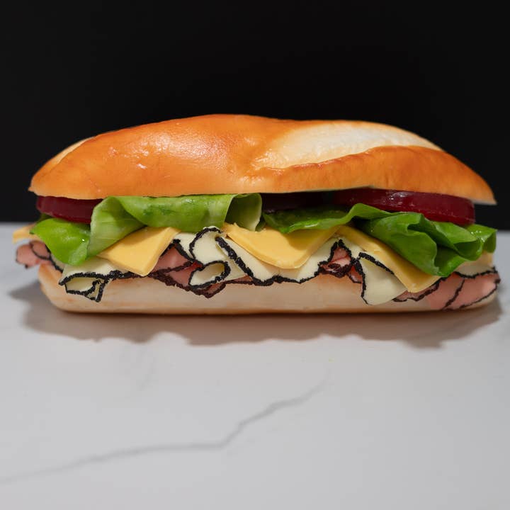 Just Dough It! Fake Foods – wholesale Decorative tabletop object – Fake Ham and Turkey on a Hoagie Roll Sandwich