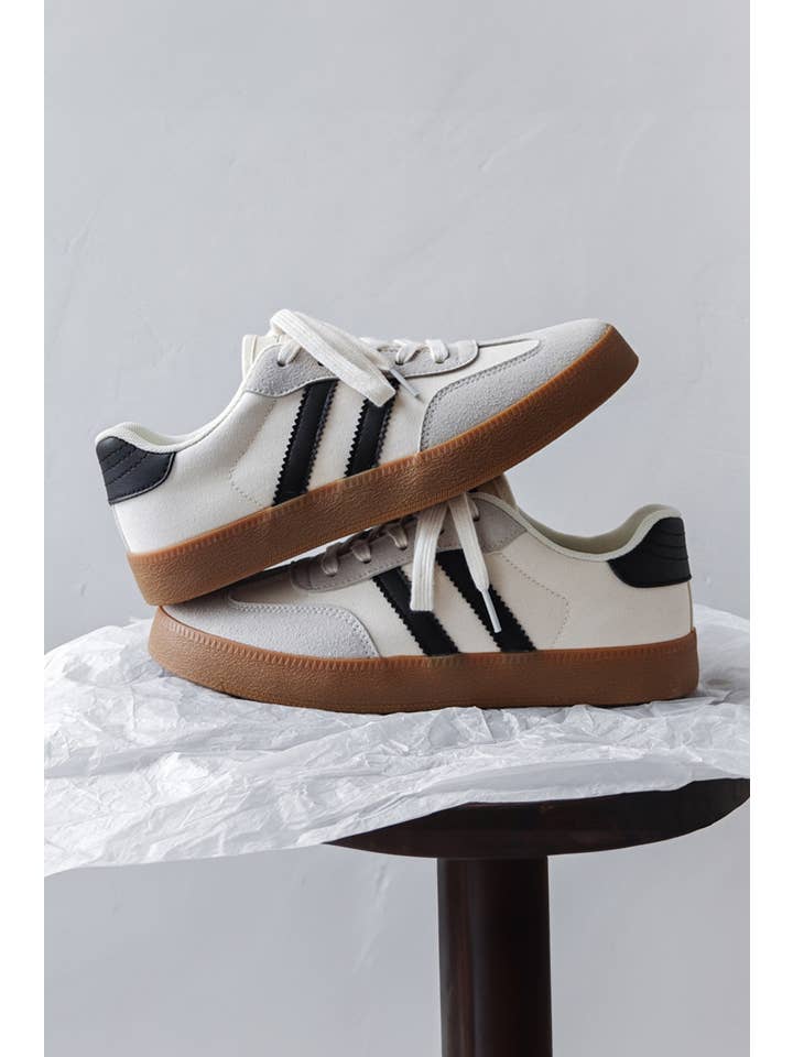 White LDC Striped Lace-up Flat Sneakers for wholesale on Faire