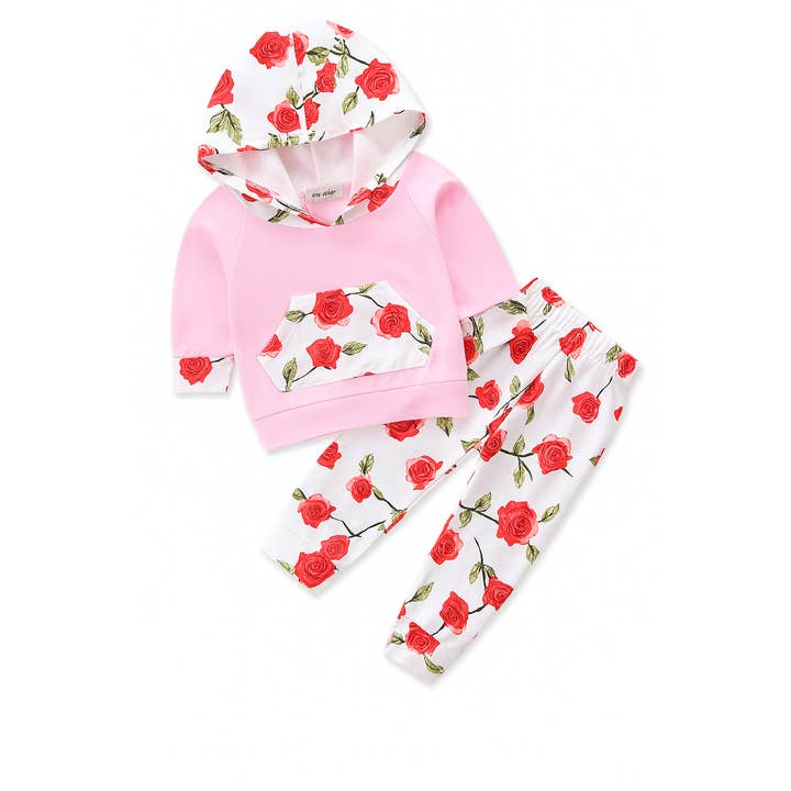 Pink Floral Print Baby Hooded Sweatshirt and Pants for wholesale by Fennco Styles