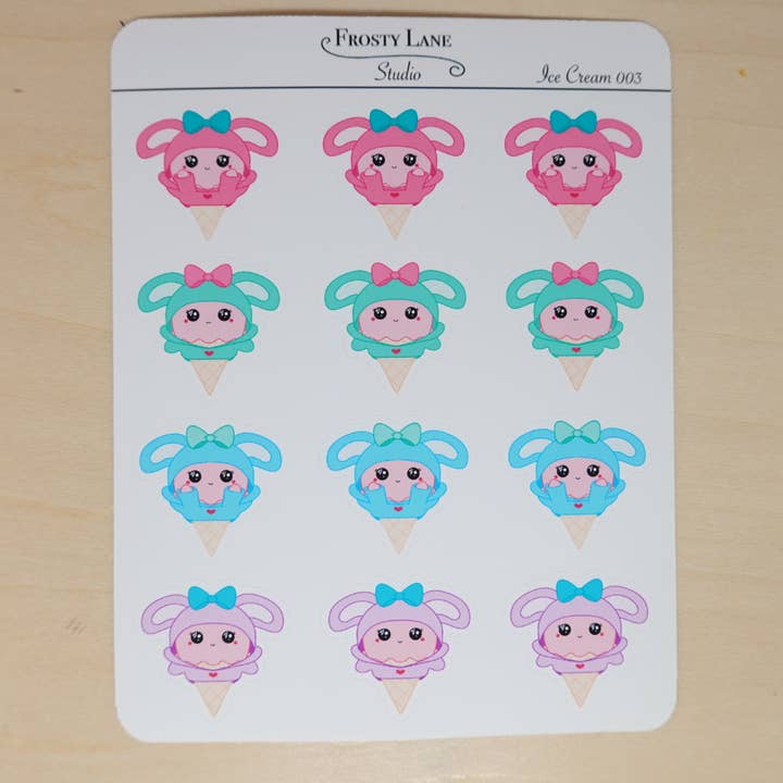 IceCream003. Feuille d'autocollants de sweat à capuche Ice Cream Bunny pour la vente par Frosty Lane Studio LLC