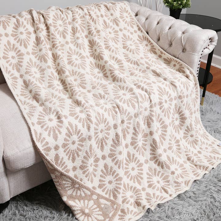 Beige Floral Damask Reversible Throw Blanket for wholesale on Faire