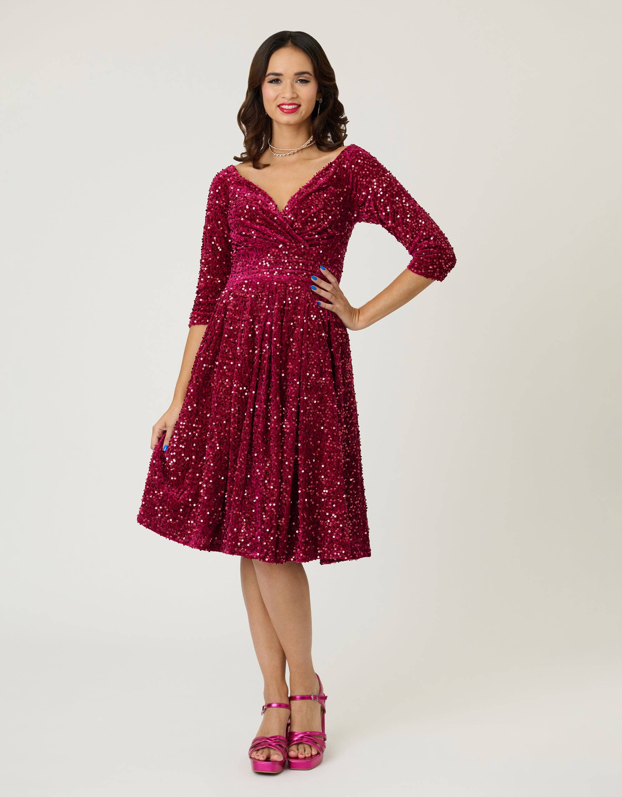Unique Vintage - Wholesale Dress - Women's - Unique Vintage Burgundy Velvet Sequin Marceline Swing Dress2