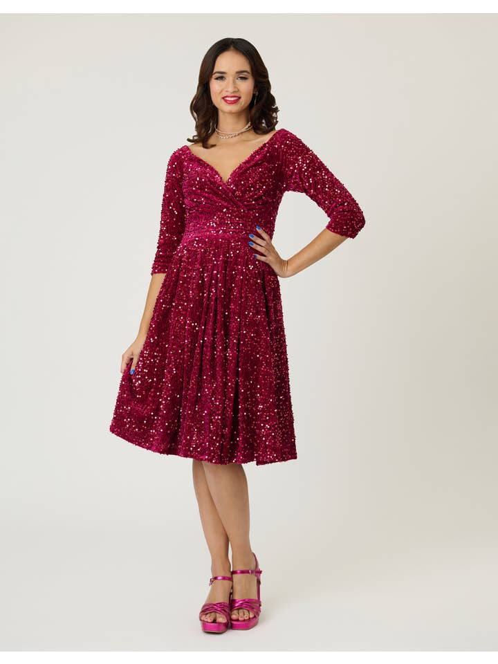 Unique Vintage - Wholesale Dress - Women's - Unique Vintage Burgundy Velvet Sequin Marceline Swing Dress2