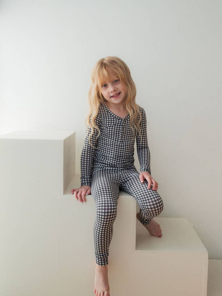 Bamboo Two Piece Pajamas | Green Gingham for wholesale by Forever French Baby
