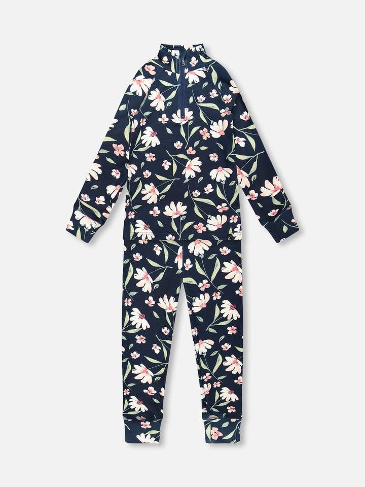 Conjunto de ropa interior térmica de dos piezas con estampado de flores en azul marino para venta al por mayor de Deux par Deux