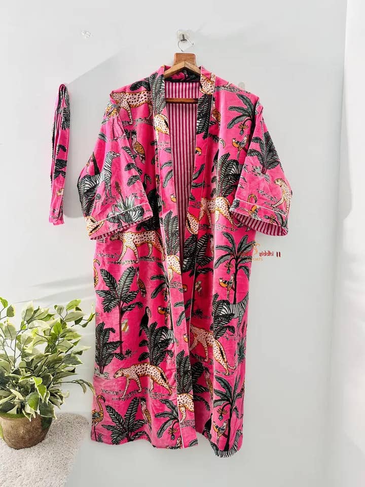 GYPSY STUDIO - Wholesale Robe - Women's - Jungle print pink color velvet robe| women wear kimono robe|