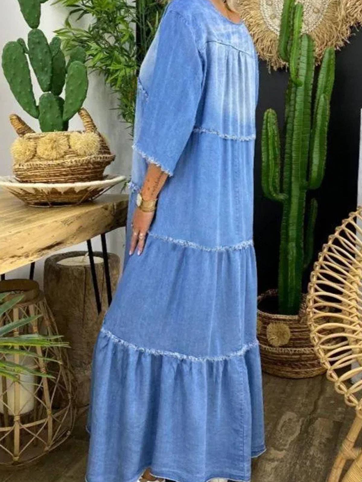 BLUE Half Sleeves Loose Fringed Pleated Split-Joint V-Neck Maxi Dresses for wholesale on Faire1